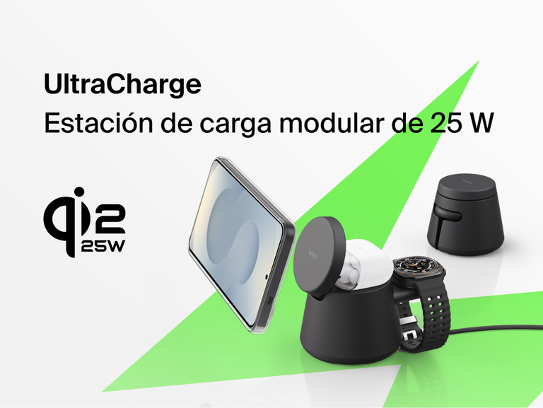 La estaci&oacute;n de carga modular con Qi2 de 25 W Belkin UltraCharge proporciona una carga inal&aacute;mbrica r&aacute;pida para smartphones, relojes inteligentes y auriculares compatibles. Es una soluci&oacute;n de carga integral.