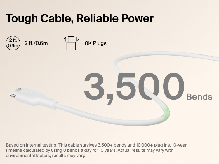 Belkin BoostCharge Slim Magnetic Power Bank 5K with Qi2 includes a durable USB-C to USB-C cable designed for long-lasting, reliable charging performance.