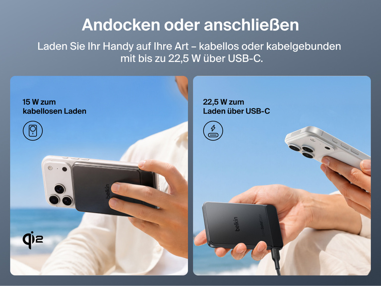 Es wird gezeigt, dass sich die Belkin UltraCharge Pro schlanke magnetische Powerbank 5K mit BoostSolid-Zelle zum kabellosen Laden mit 15W&nbsp;Qi2 und zum kabelgebundenen Laden &uuml;ber USB-C mit 22,5&nbsp;W eignet.
