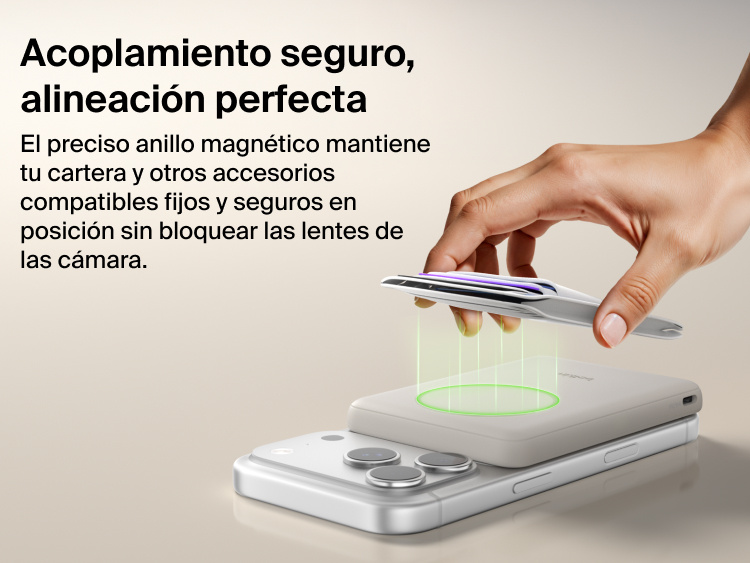 Belkin BoostCharge Slim Magnetic Power Bank 5K with Qi2 featuring a secure magnetic ring that aligns accessories and attaches firmly without obstructing the phone camera.