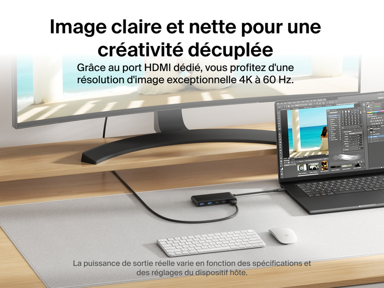 Belkin Connect 7-Port USB-C Hub with Dual USB-C Ports connected to a laptop and monitor delivering 4K@60Hz visuals via HDMI.