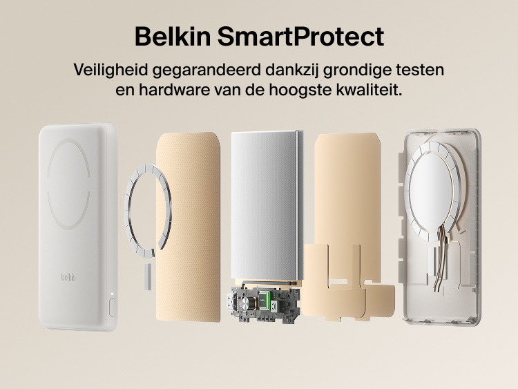 Belkin BoostCharge Slim Magnetic Power Bank 5K with Qi2 shown with Belkin SmartProtect internal components designed for safe, reliable charging performance.