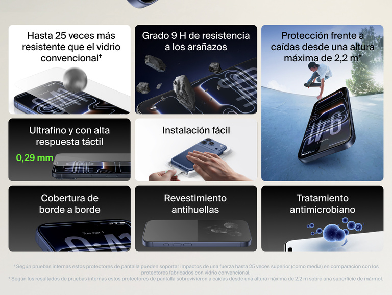 Belkin ScreenForce UltraGlass 2 Screen Protector with 25x stronger glass, 9H scratch resistance, 7.2 ft drop protection, ultra-thin 0.29mm design, edge-to-edge coverage, anti-fingerprint, antimicrobial treatment, and easy application.