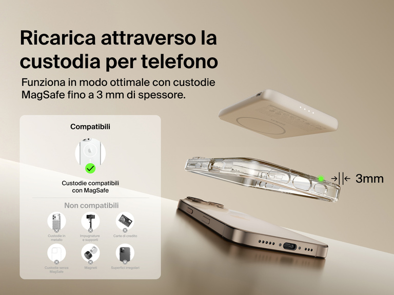 Belkin BoostCharge Slim Magnetic Power Bank 5K shown aligning with a smartphone and MagSafe-compatible case, demonstrating wireless charging through cases up to 3mm thick.