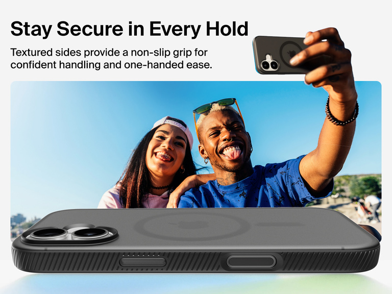 Belkin SheerForce Grip Series Case for iPhone 17 with military-grade drop protection and textured non-slip grip.