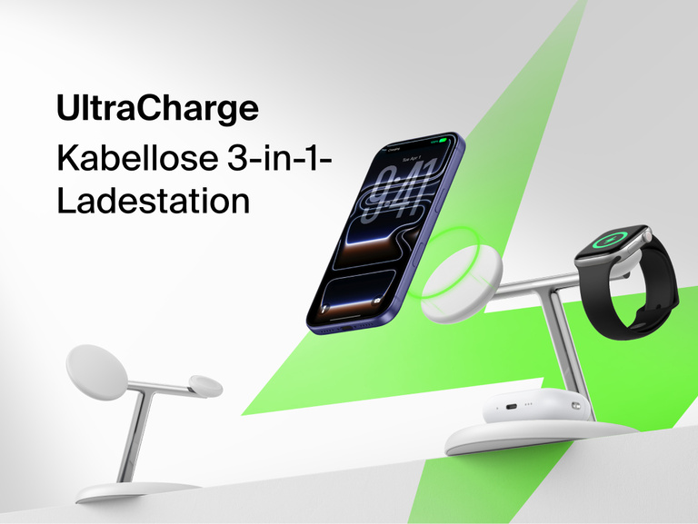 Belkin UltraCharge 3-in-1 Wireless Charging Stand with Qi2 25W front view showing dedicated magnetic phone pad, watch charger, and earbuds base
