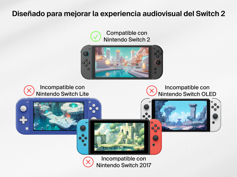 Una imagen comparativa mostrando la compatibilidad de un protector de pantalla diseñado específicamente para el Nintendo Switch 2. En el centro se ve un Switch 2 con una marca de verificación y la etiqueta "Compatible con Nintendo Switch 2".  A la derecha hay otros tres modelos de Switch, Nintendo Switch Lite (azul), Nintendo Switch OLED (blanco) y Nintendo Switch 2017 (rojo con Joy-Cons azules), con marcas rojas (X) y etiquetas indicando que no son compatibles.  El titular dice «Diseñado para optimizar la experiencia de juego del Switch 2».