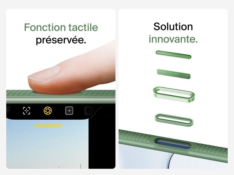 Belkin SheerForce Grip Series Case for iPhone 17 with MagSafe ring, raised edges, and floating tinted buttons for precision protection.