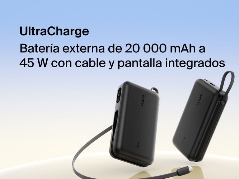 Belkin UltraCharge 20K 45W power bank with integrated USB-C cable and digital display showing portable high-capacity fast charging solution