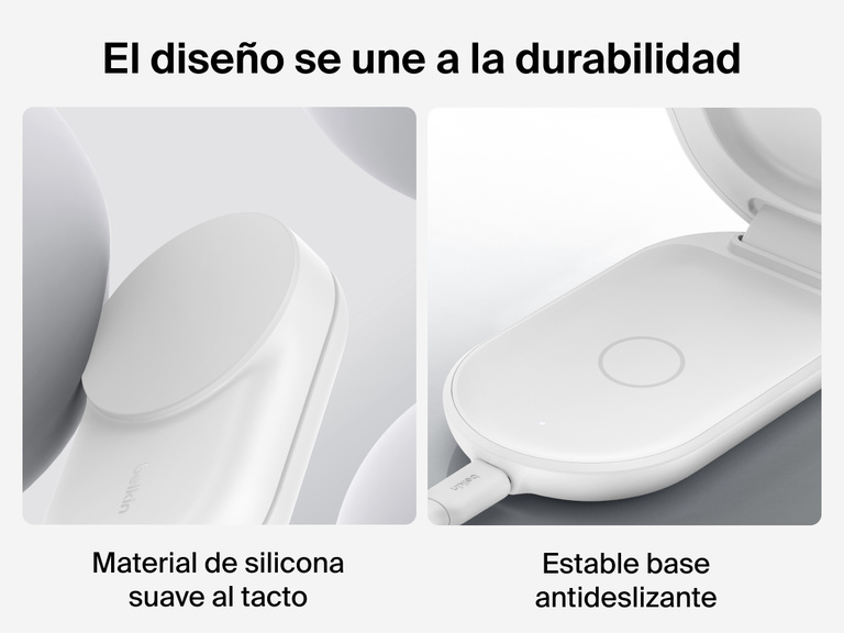 El cargador magnético plegable 3 en 1 con Qi2 25W Belkin UltraCharge incluye material de silicona suave y una base lastrada antideslizante para proporcionar una carga inalámbrica más durable y segura.