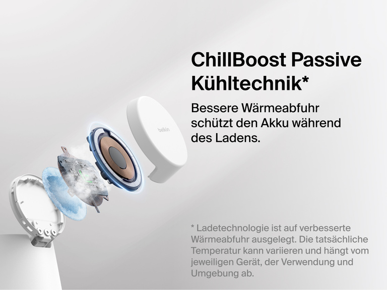 In einer Abbildung der modularen UltraCharge Ladestation mit Qi2&nbsp;25W von Belkin wird gezeigt, dass die passive K&uuml;hltechnik ChillBoost f&uuml;r eine verbesserte W&auml;rmeabfuhr sorgt und Ger&auml;teakkus w&auml;hrend des schnellen kabellosen Ladens schont.