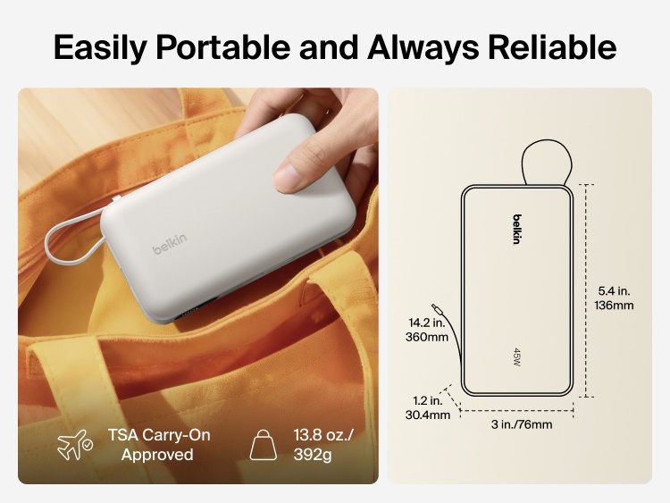 Belkin UltraCharge 20K 45W power bank with integrated cable designed for portable, TSA-approved travel with compact size and reliable on-the-go charging