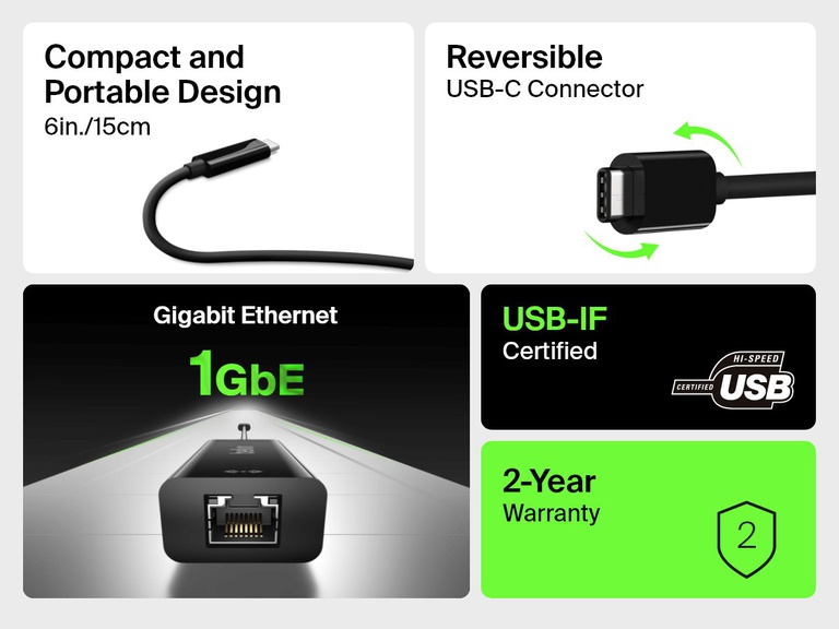 Infographic for the Belkin USB-C to Gigabit Ethernet Adapter highlighting its 6-inch compact design, reversible USB-C connector, 1GbE Ethernet speed, USB-IF certification, and 2-year warranty.