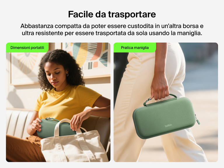 Illustrazione del supporto di ricarica magnetica compatto 3 in 1 BoostCharge Belkin mentre ricarica in modalità wireless gli AirPods, mettendo in risalto la sua compatibilità con tutti i modelli di AirPods ed AirPods Pro.