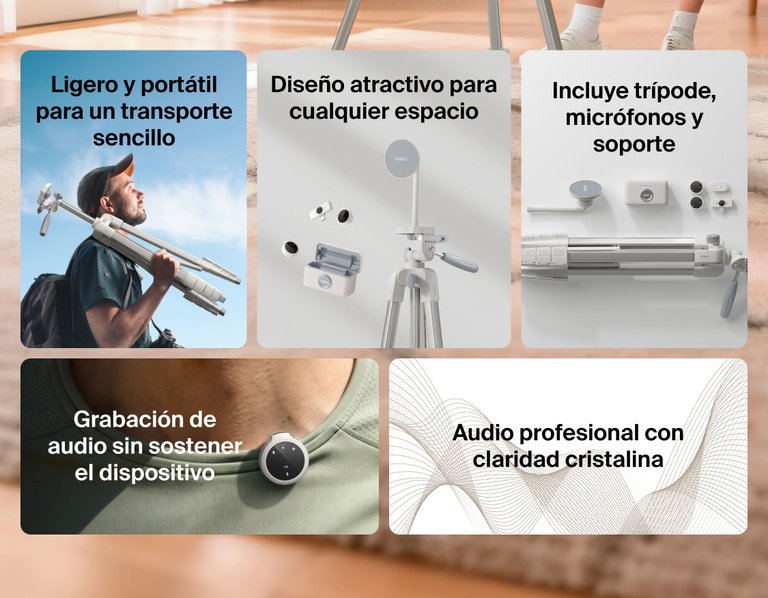 Image showing Belkin Stage Creator Kit with tripod, mic, and mount highlighting features like hands-free recording, crystal-clear pro audio, lightweight portability, and sleek design for any space.