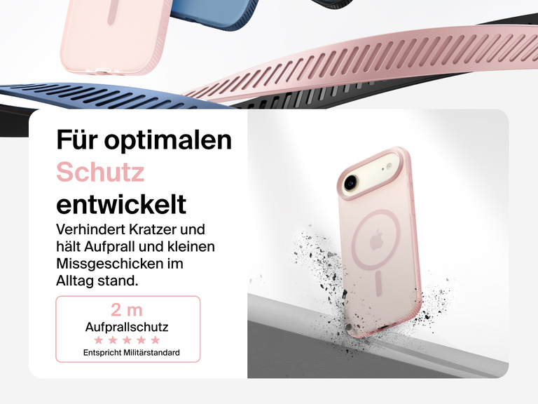 Belkin SheerForce Grip Series Case for iPhone 17 shown with textured grip and impact protection against drops.