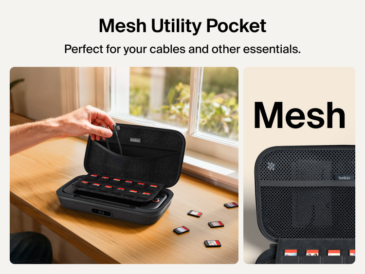 Belkin Gaming Charging Case Pro for Nintendo Switch 2 shown with mesh utility pocket for storing charging cables, accessories, and gaming essentials.