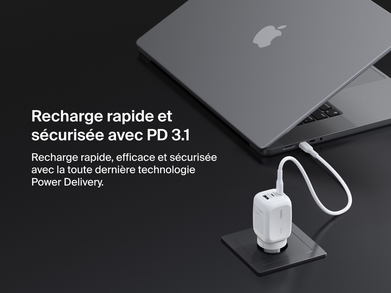 BoostCharge Pro 3-Port GaN Wall Charger 100W connected to a laptop, showcasing USB-C PD 3.1 technology for fast, efficient, and secure Power Delivery charging.