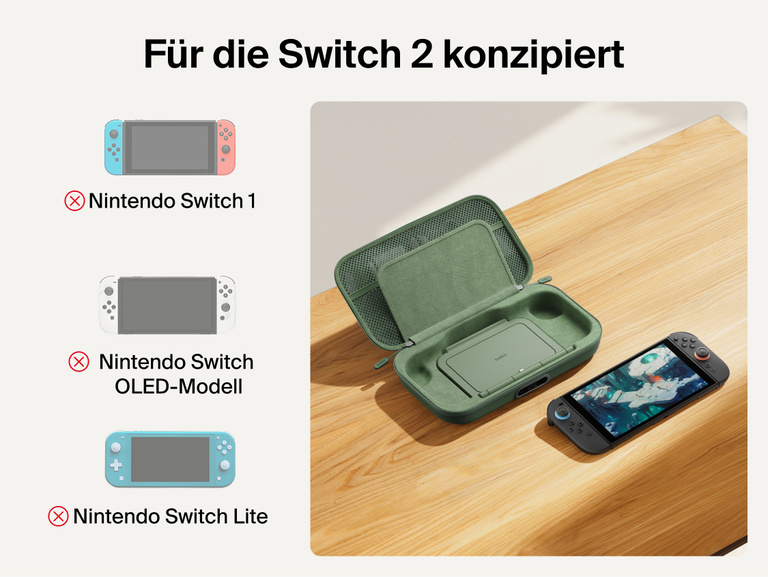 Belkin Gaming Charging Case Pro for Nintendo Switch 2 shown with custom-fit interior and compatibility notice indicating it is designed exclusively for Switch 2, not Switch, Switch OLED, or Switch Lite.