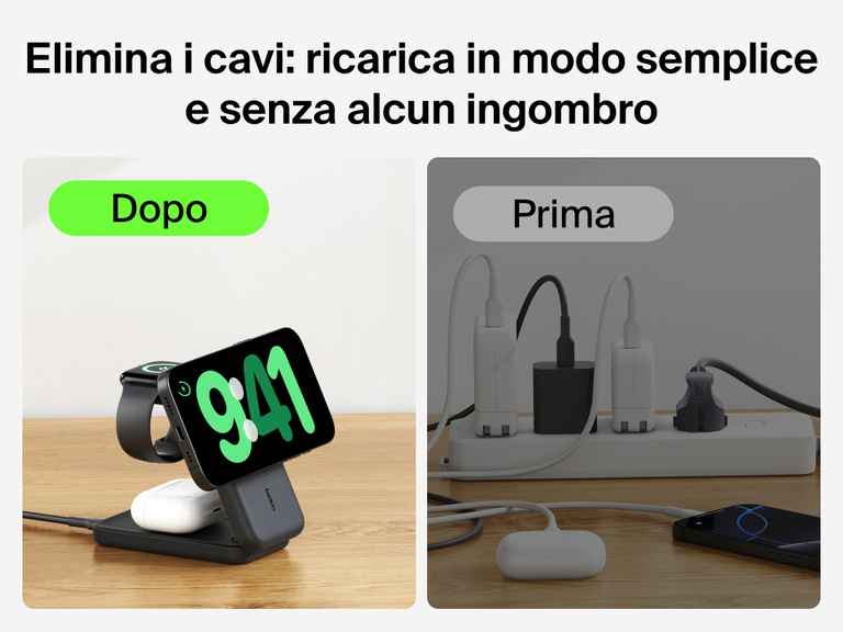Immagine del caricabatteria magnetico pieghevole 3 in 1 con Qi2 da 25 W Belkin UltraCharge mentre ricarica molteplici dispositivi senza creare ingombro, rispetto ad altri dispositivi con cavi attorcigliati.