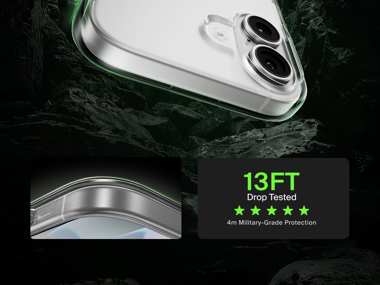 Belkin SheerForce Clear Series Case for iPhone 17 shown with 13-foot drop test and military-grade protection.