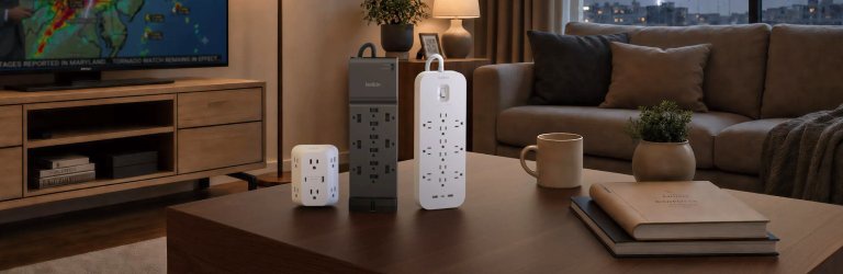 Belkin surge protectors displayed in a modern living room with a TV, showcasing reliable power protection for home entertainment and everyday devices.
