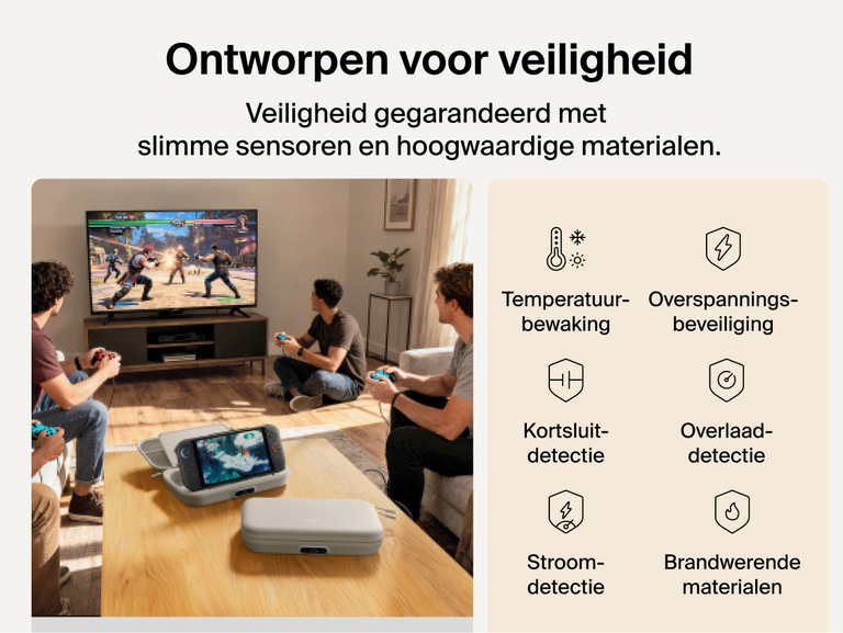 Belkin Gaming Charging Case Pro for Nintendo Switch 2 shown in a living room setup highlighting engineered safety features including temperature monitoring, overvoltage protection, overload detection, and fire-resistant materials.