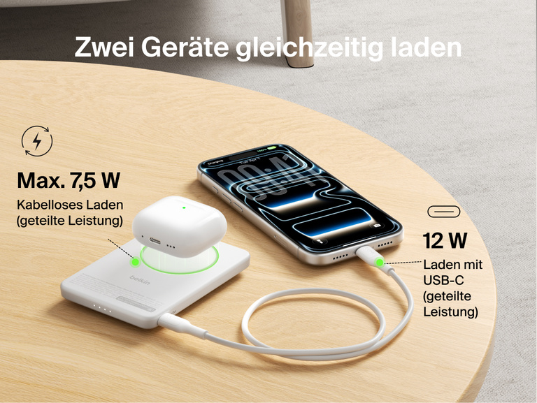 Belkin BoostCharge Slim Magnetic Power Bank 5K with Qi2 charging two devices simultaneously using magnetic wireless charging and USB-C wired output for shared power.