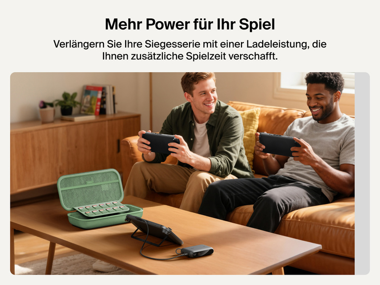 Two men gaming on Nintendo Switch 2 consoles while the Belkin Gaming Charging Case powers a device on the coffee table, showcasing extended playtime with built-in game card storage and charging.