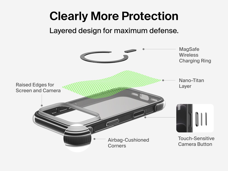 Belkin Protect+ Series Case for iPhone 18 features layered protection with raised edges, airbag-cushioned corners, Nano-Titan technology and a touch-sensitive Camera Control button.