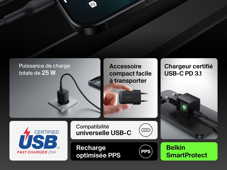 Infographic highlighting key features of the Belkin BoostCharge USB-C Wall Charger 25W, including 25W power output, USB-C PD 3.1 certification, compact design, PPS optimized charging, and SmartProtect technology.