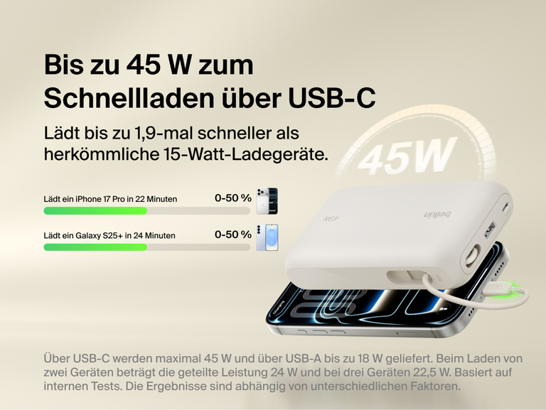 Belkin UltraCharge 20K 45W power bank with integrated USB-C cable delivering fast charging performance with digital display and multi-device compatibility