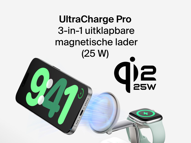 Het Belkin UltraCharge Pro 3-in-1 magnetische laadstation met Qi2 25W laadt een iPhone, Apple Watch en AirPods gelijktijdig draadloos op met ondersteuning voor snelladen.