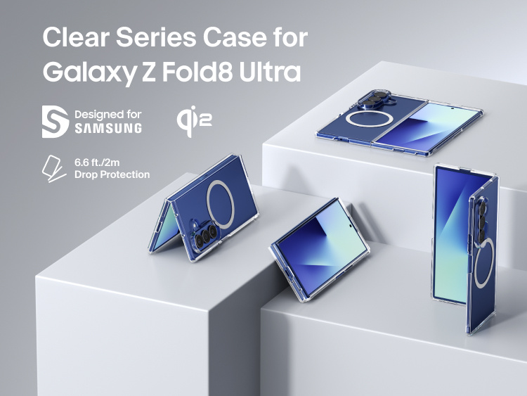Belkin Clear Series Case for Samsung Galaxy Z Fold8 Ultra with Qi2 magnetic charging compatibility and 6.6 ft drop protection displayed in multiple folded positions.