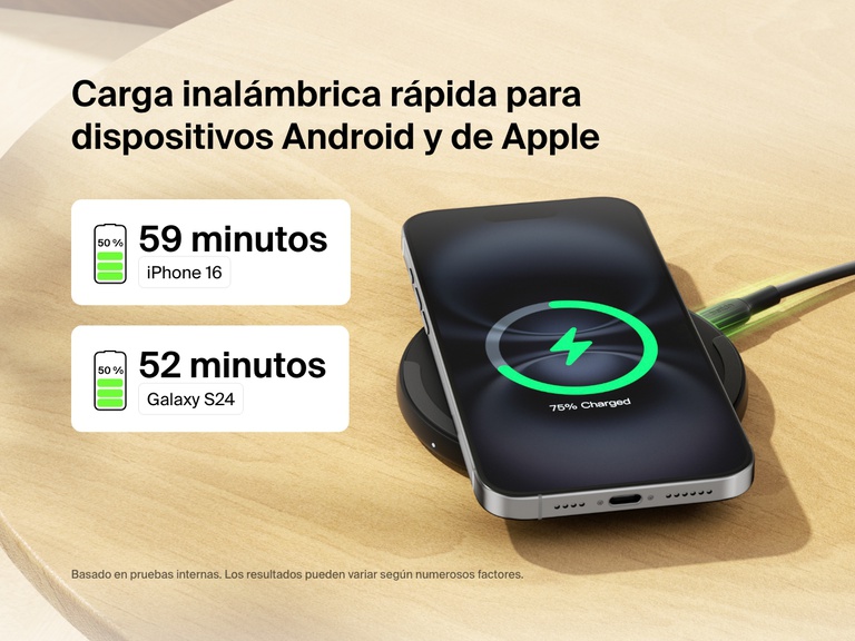 A black Belkin BoostCharge Wireless Charging Pad 15W is shown on a wooden surface charging an iPhone, with text highlighting fast wireless charging times of 59 minutes for iPhone 16 and 52 minutes for Galaxy S24 to reach 50% battery.