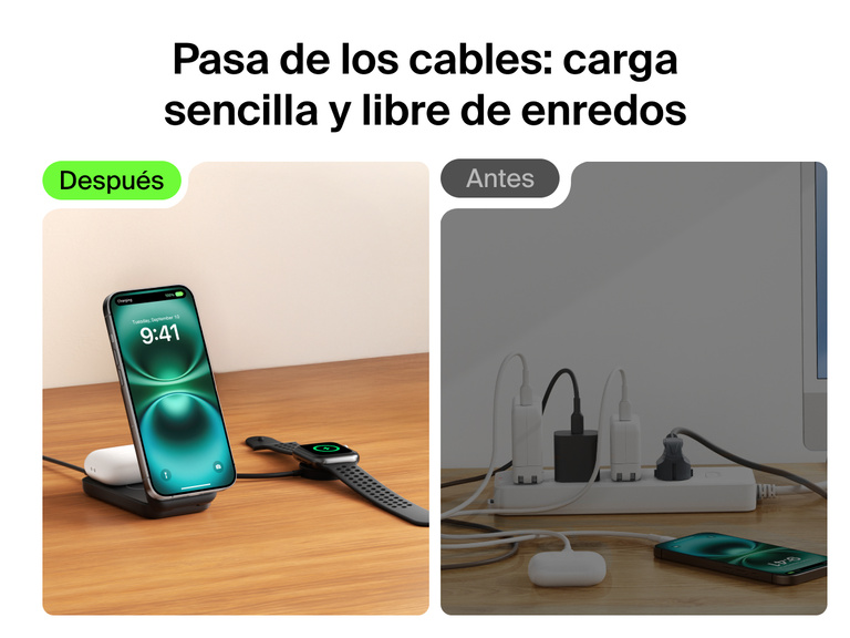 El cargador magnético plegable 2 en 1 con Qi2 25W Belkin UltraCharge ofrece una alternativa de carga inalámbrica sin cable para que cargues tu iPhone, AirPods y Apple Watch con una sola solución elegante.