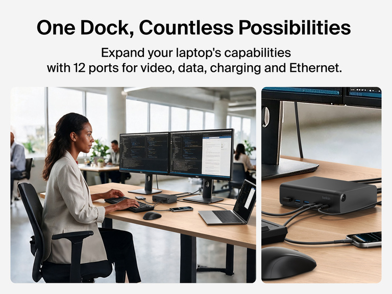 Connect 12-Port Dual Display USB-C Dock connected to a laptop and two monitors at an office desk, illustrating 12 ports for video, data, charging, and Ethernet