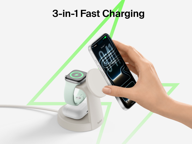 Belkin UltraCharge 3-in-1 Charging Stand with Qi2 25W simultaneously charging a smartphone, Apple Watch, and wireless earbuds.