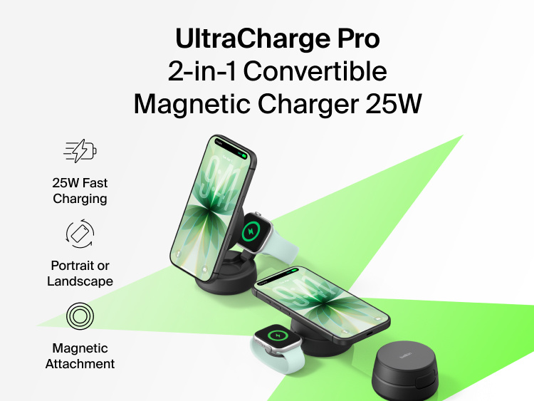 Belkin UltraCharge Pro 2-in-1 Convertible Magnetic Charger with Qi2 25W delivers fast wireless charging for a smartphone and smartwatch with secure magnetic attachment and portrait or landscape viewing.