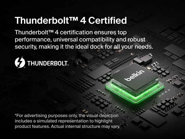 A graphic highlighting Thunderbolt technology with a stylized circuit board and glowing chip, emphasizing high-speed connectivity and performance.