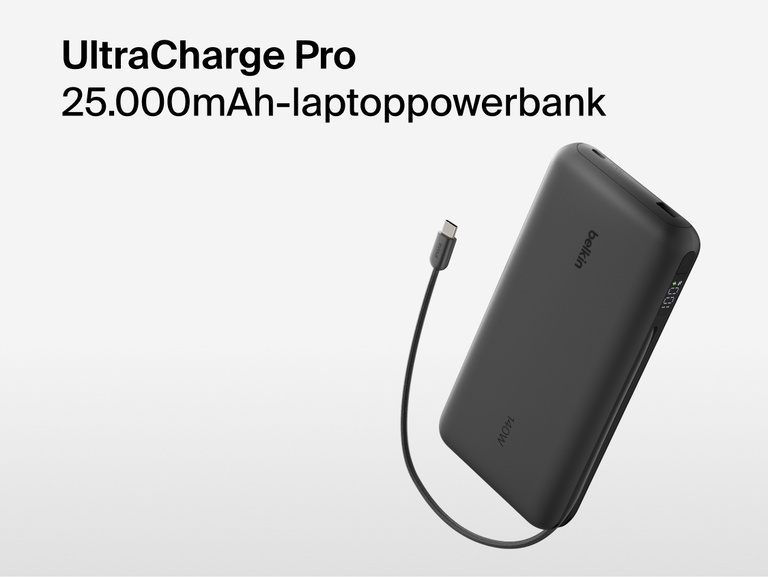 Belkin UltraCharge Pro Laptop Power Bank 25K with integrated cable and digital display, high-capacity portable charger for laptops and devices