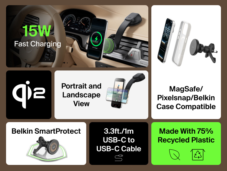 Infographic showing the Belkin BoostCharge Magnetic Wireless Charging Car Vent and Dash Mount with 15W fast charging, MagSafe/Pixelsnap compatibility, portrait or landscape viewing, SmartProtect safety, and 75% recycled plastic construction.