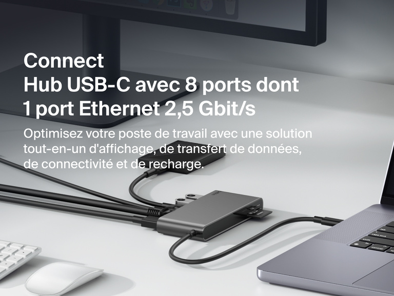 Hub USB-C Belkin Connect &agrave; 8&nbsp;ports USB-C dont 1&nbsp;port Ethernet 2,5&nbsp;Gbit/s connect&eacute; &agrave; un ordinateur portable et un moniteur externe, prenant en charge les transferts rapides de donn&eacute;es, l'extension de de l'affichage et la recharge pour un espace de travail fluide.