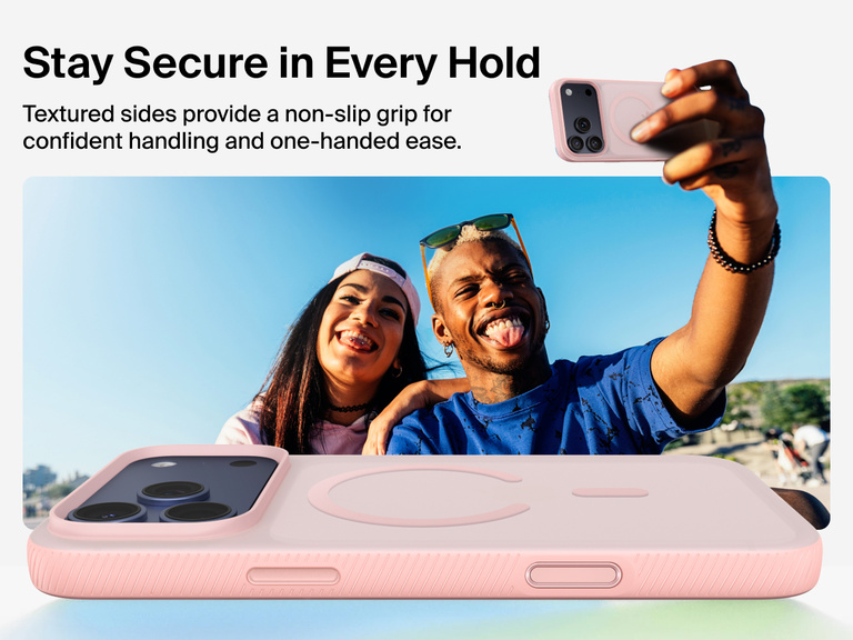 Belkin SheerForce Grip Series Case for iPhone 17 with military-grade drop protection and textured non-slip grip.