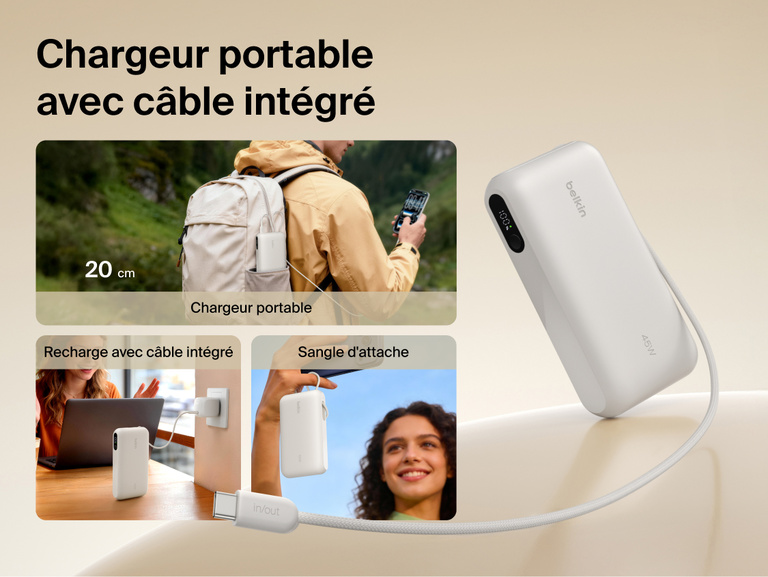 Belkin UltraCharge 20K 45W power bank with integrated USB-C cable for on-the-go charging, easy recharging, and convenient carry strap functionality