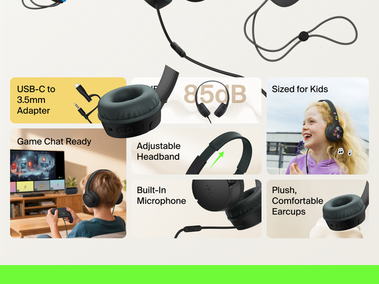 BelkinのMini子供用有線ゲーミングヘッドホンの特長。85dBの音量制限、内蔵マイク、USB-C to 3.5mmアダプター、調節可能なヘッドバンド、快適なイヤーカップ、子供に最適なフィット感など。