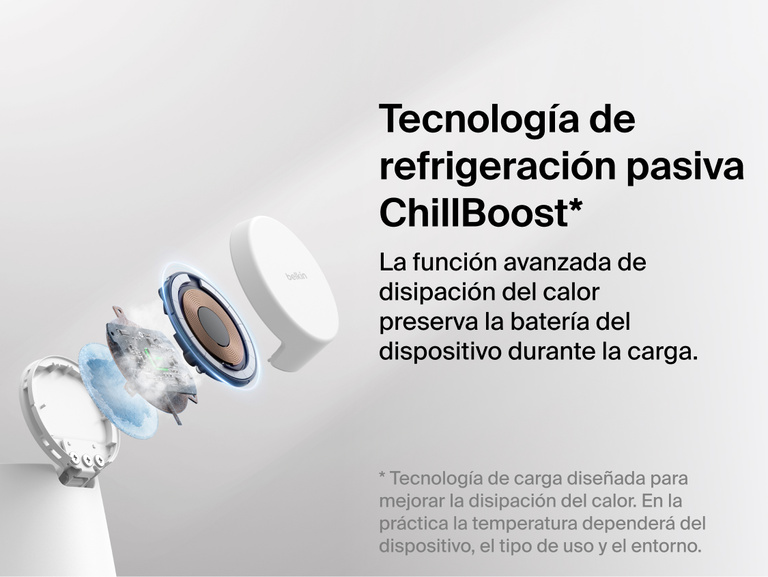 La estaci&oacute;n de carga modular con Qi2 de 25 W Belkin UltraCharge incluye tecnolog&iacute;a de refrigeraci&oacute;n pasiva ChillBoost dise&ntilde;ada para mejorar la disipaci&oacute;n del calor y contribuir a la preservaci&oacute;n de las bater&iacute;as de los dispositivos mientras estos se recargan por carga r&aacute;pida inal&aacute;mbrica.