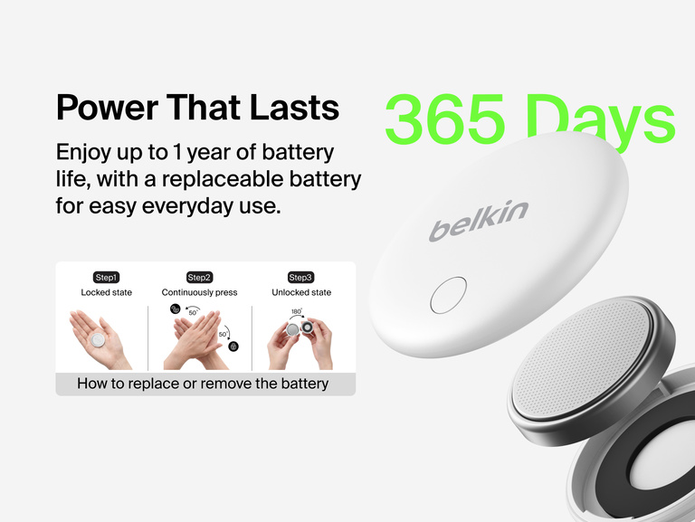 Belkin SureFind Spot offers up to one year of battery life with a replaceable battery and easy twist-open battery compartment.