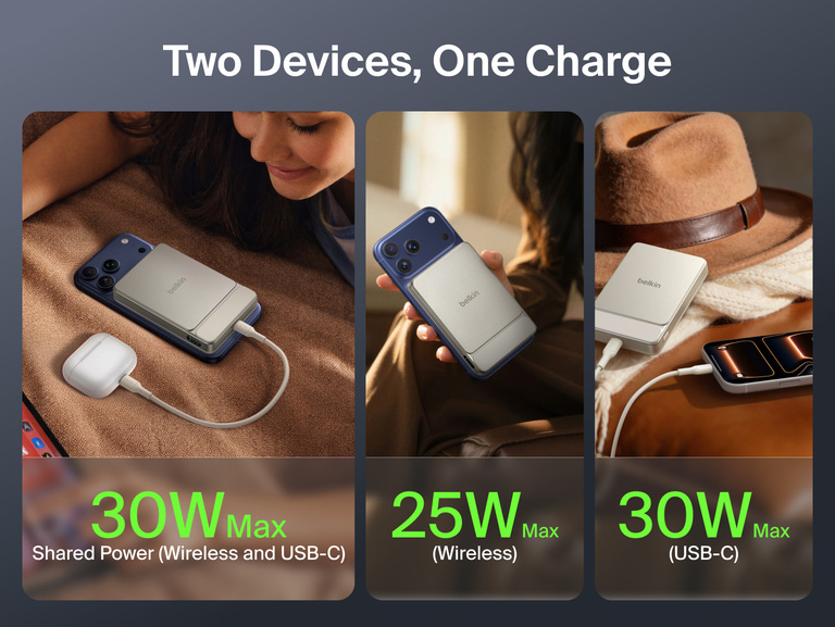 Belkin UltraCharge Slim Magnetic Power Bank 10K charging two devices simultaneously with 30W shared power, 25W wireless output, and USB-C fast charging capability