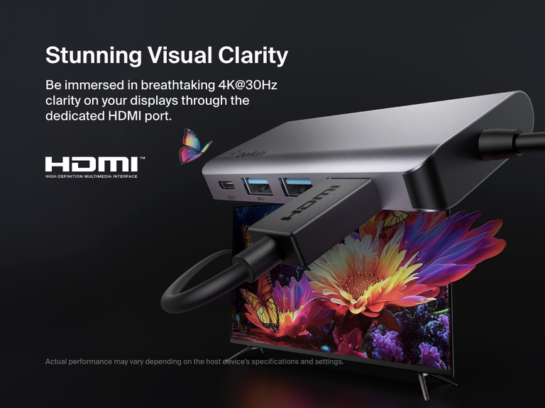 Belkin Connect USB-C 4-in-1 Multiport Adapter is shown connected via HDMI to a display, highlighting its support for 4K resolution at 30Hz for stunning visual clarity.